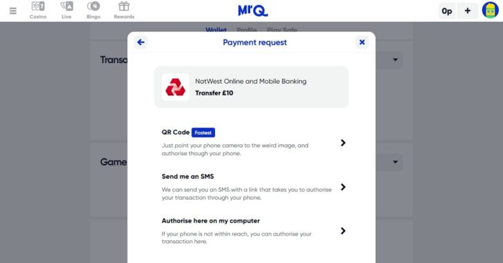 Options to authorise a deposit via bank transfer at MrQ
