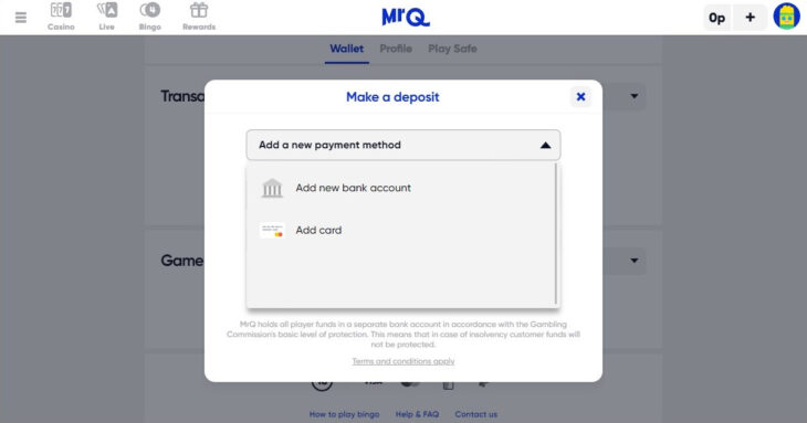 Bank transfer payment method available at MrQ