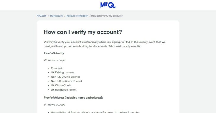 Verification options at MrQ Casino