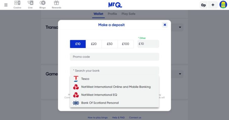 Selecting deposit amount and bank account at MrQ